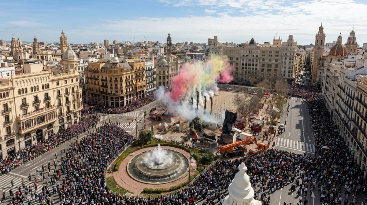 Vista aérea de una mascletà en la Plaza del Ayuntamiento